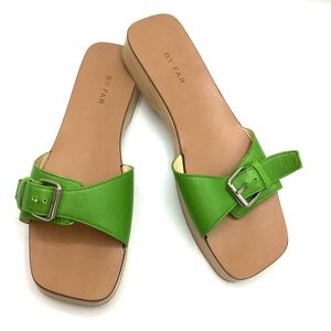 By Far Green Leather Wooden Clog Sandals